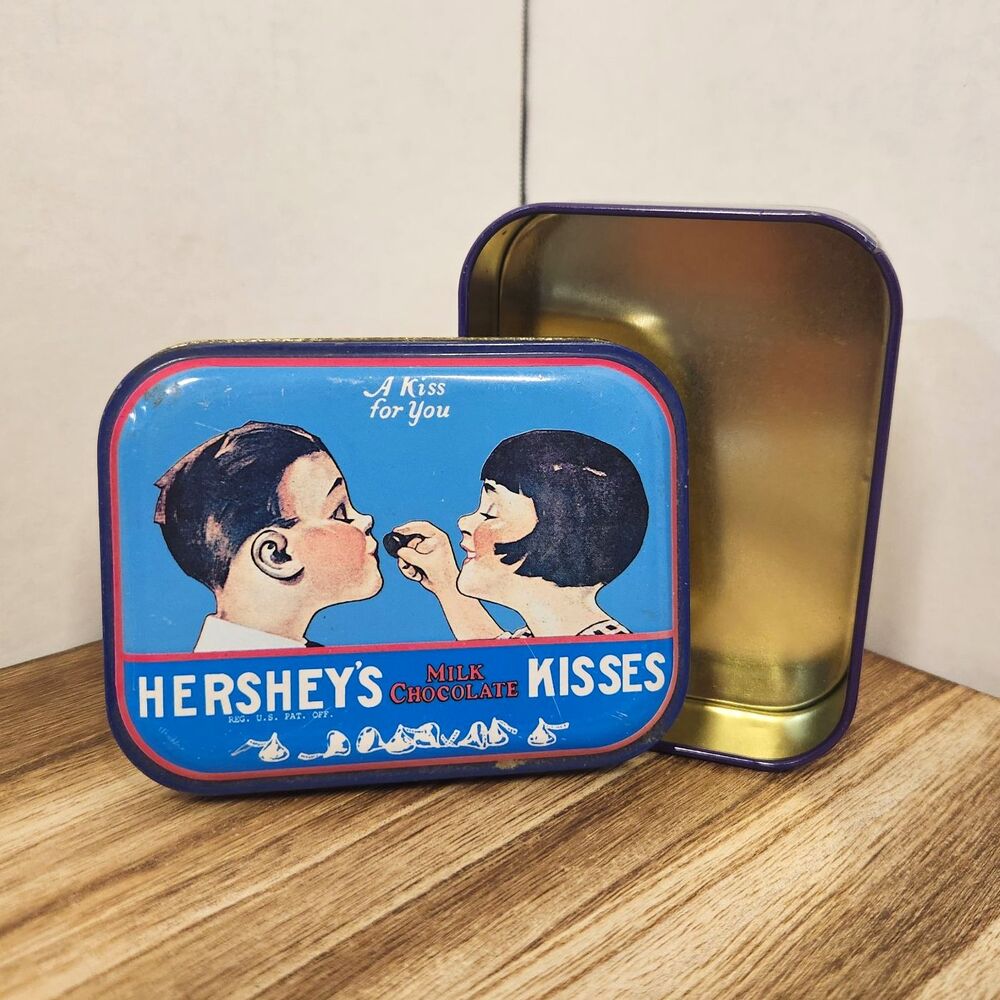Vintage 1980 Hershey's Kisses Metal Tin A Kiss For You Blue Retro Candy Display
